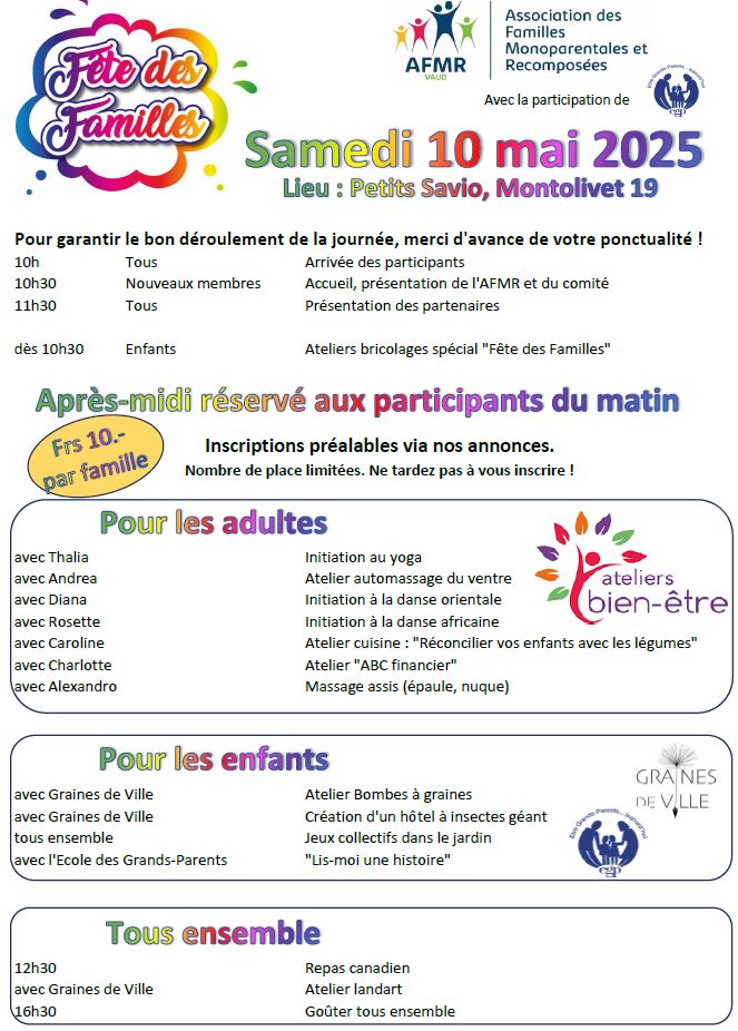 FÊTE DES FAMILLES DE L'AFMR 10h-17h30 : inscriptions adultes + enfants